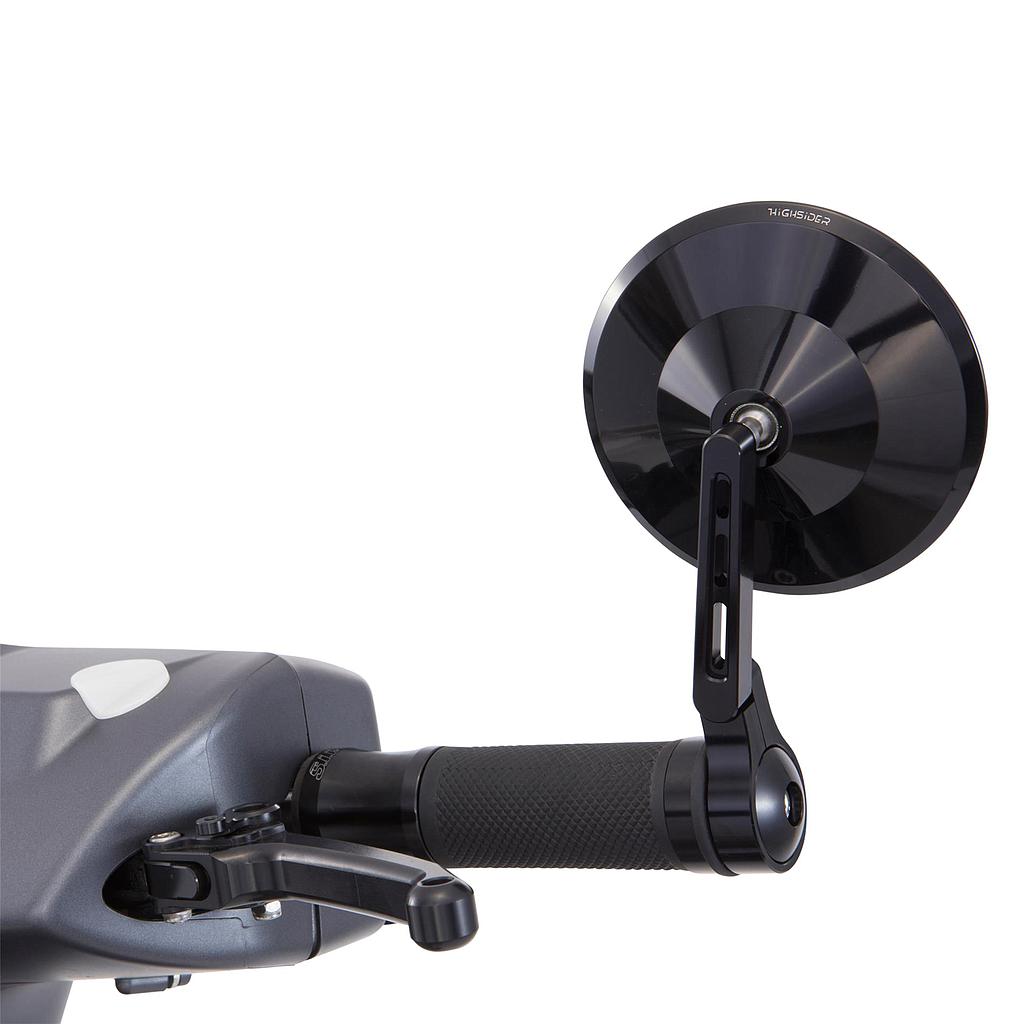 Lenkerendenspiegel MONTANA 2,  rechts oder links, rund, 102 mm  schwarz eloxiert, Aluminium  für Vespa ET/LX/LXV/S/GTS/GTS Super/GTV/GT 60/GT/GT L  Hebellänge 120mm, E-Prüfzeichen auf Glas,